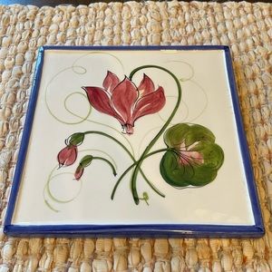 VTG Bassano Italian Ceramic Decorative Tile, Floral w/Blue Border, 7.5" Labeled